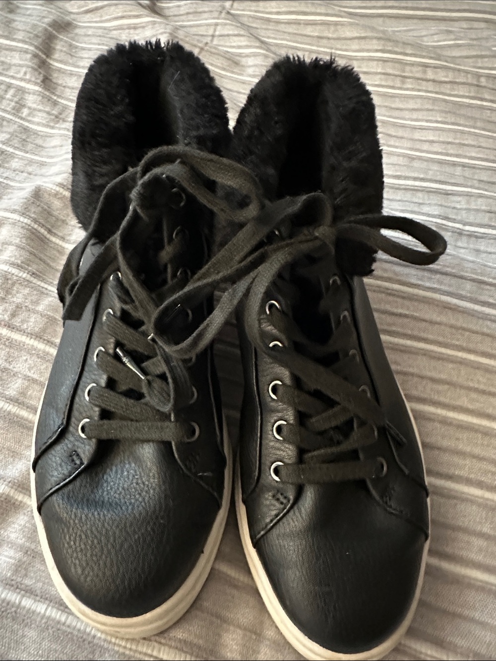 Koolaburra Black Faux Leather Lace-Up Sneakers with Fur Collar